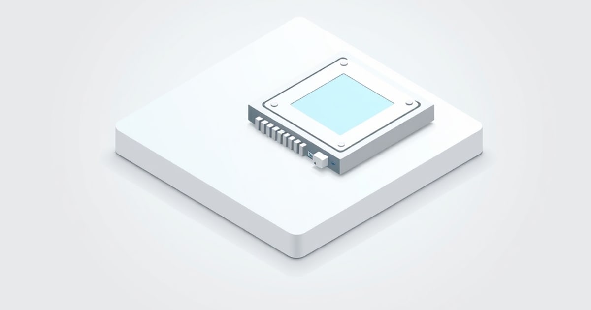 An isometric CPU chip with a glowing blue die and metal pins rests on a white square platform, evoking processor selection for a TrueNAS SCALE server build.