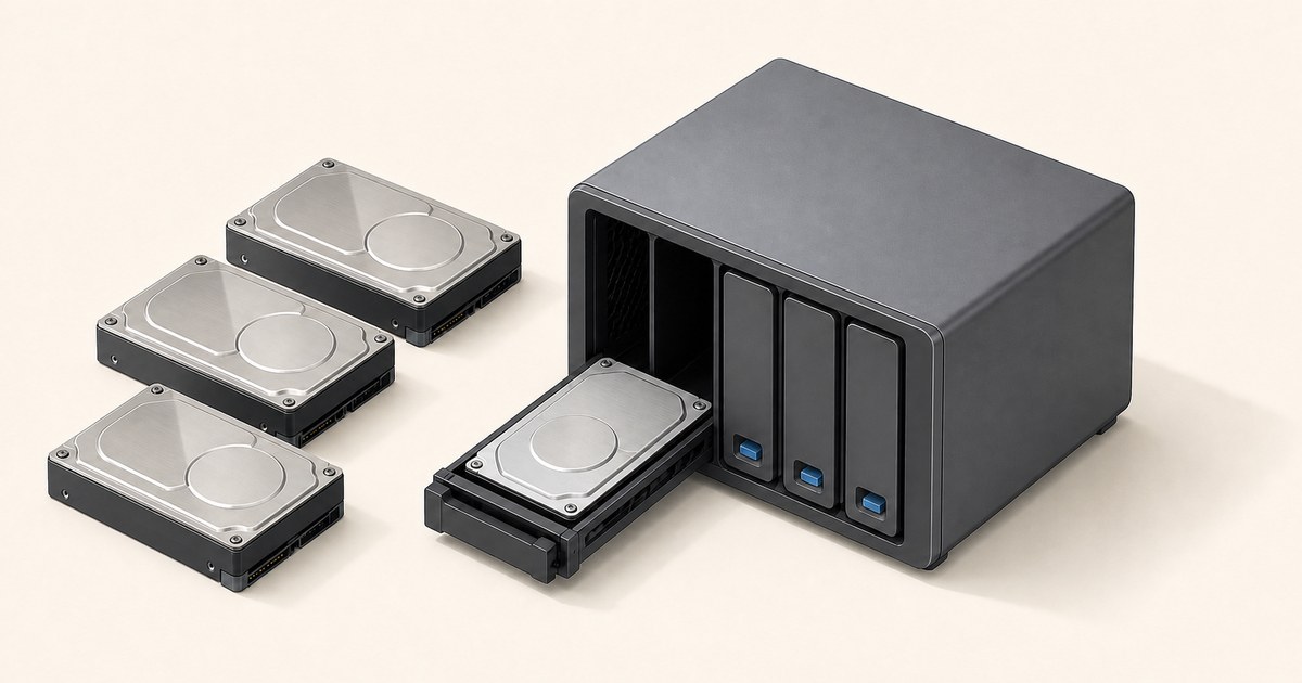 Three bare hard drives sit beside a compact four-bay NAS enclosure, while a fourth is mounted in a removable drive tray.