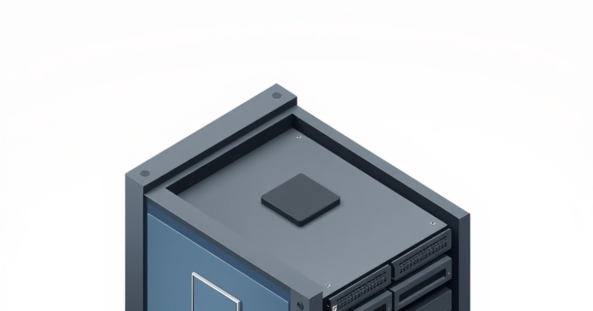 Isometric illustration of a compact server enclosure flanked by memory modules, representing RAM sizing for a storage system