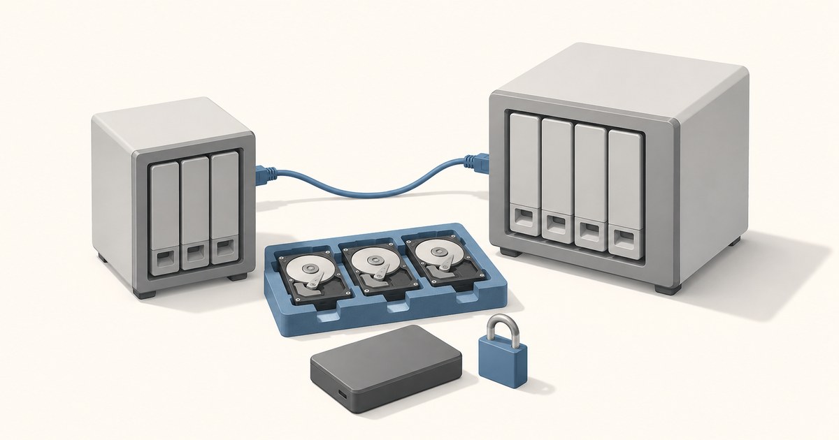 Two NAS enclosures linked by a blue cable sit beside three exposed hard drives, an external drive, and a padlock, suggesting secure migration.