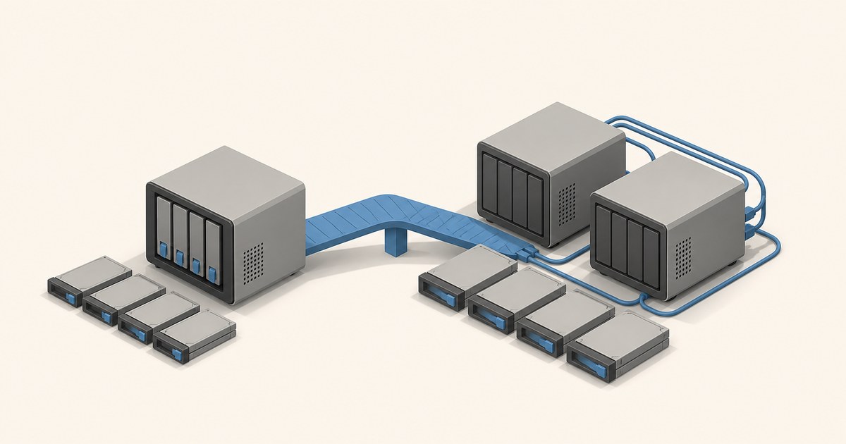 Isometric view of three gray NAS enclosures, eight drive trays, and blue links suggesting a TrueNAS storage transition.