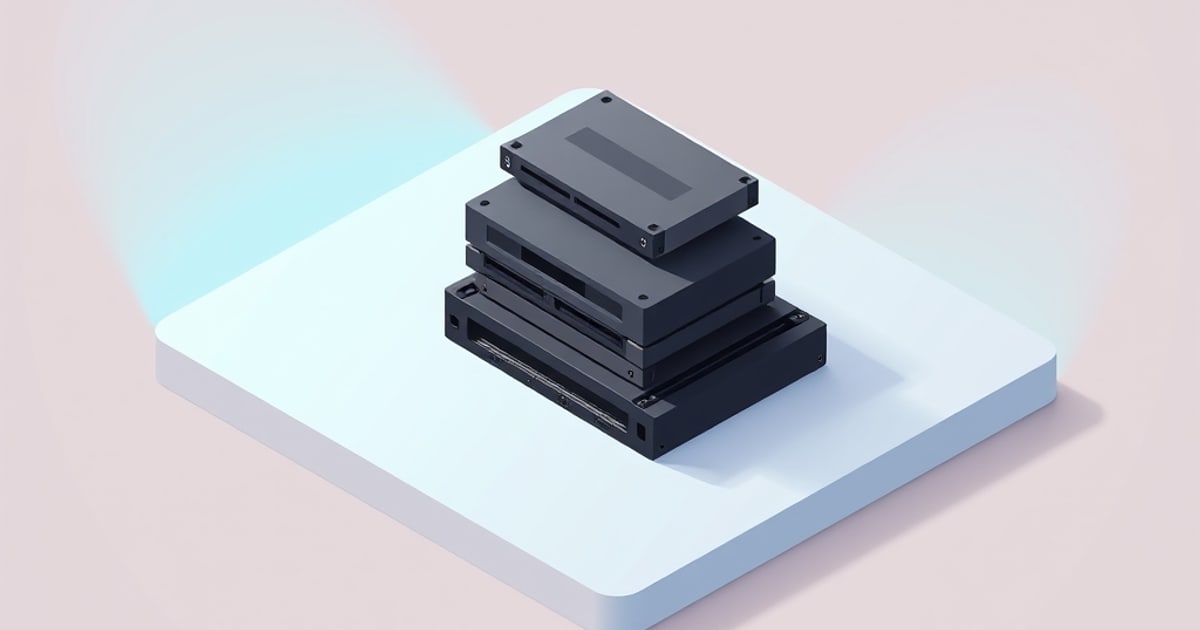 Four dark charcoal drive sleds stacked in a staggered isometric pyramid on a white pad, against a pale pink backdrop lit by a soft cyan glow.